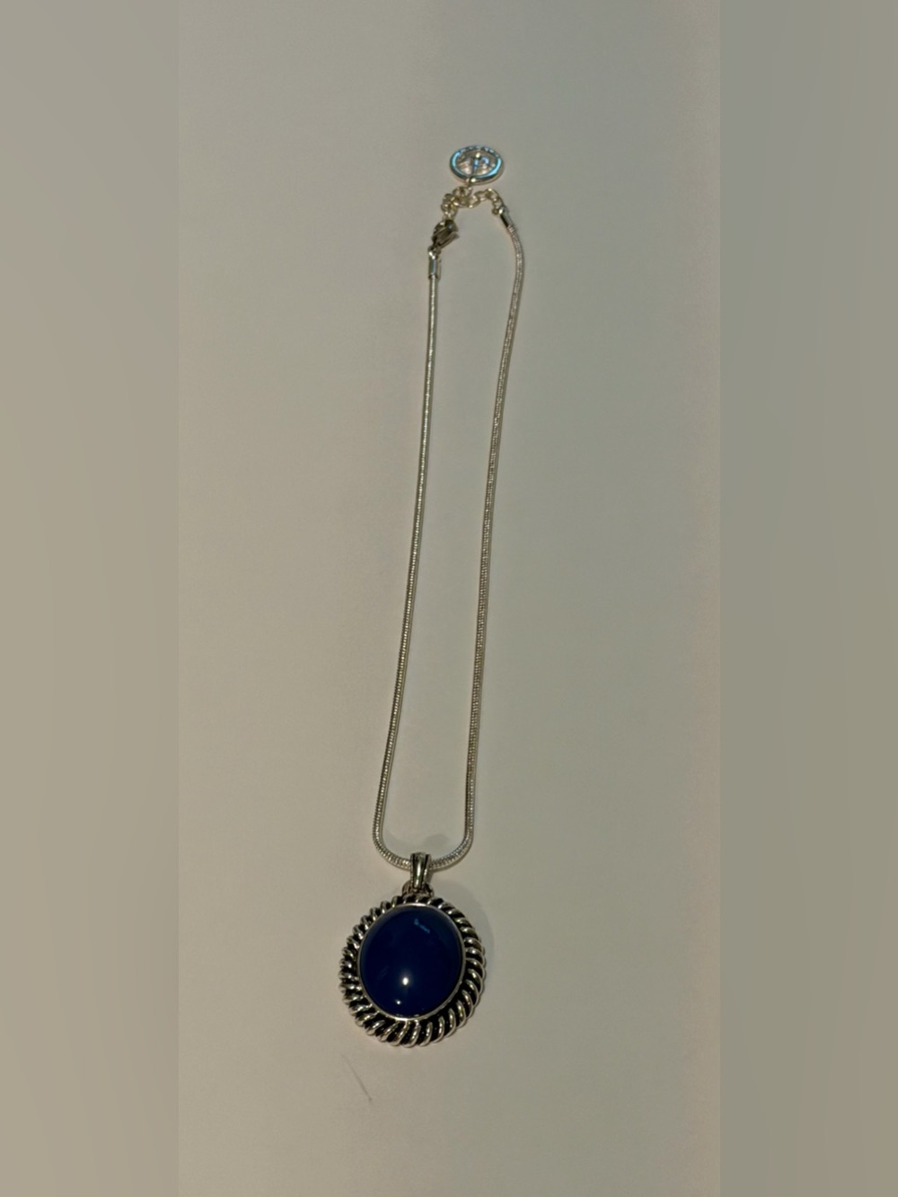 Vtg Signed Crown Trifari Blue Oval Cabochon Pendant Necklace Silver-Tone Chain